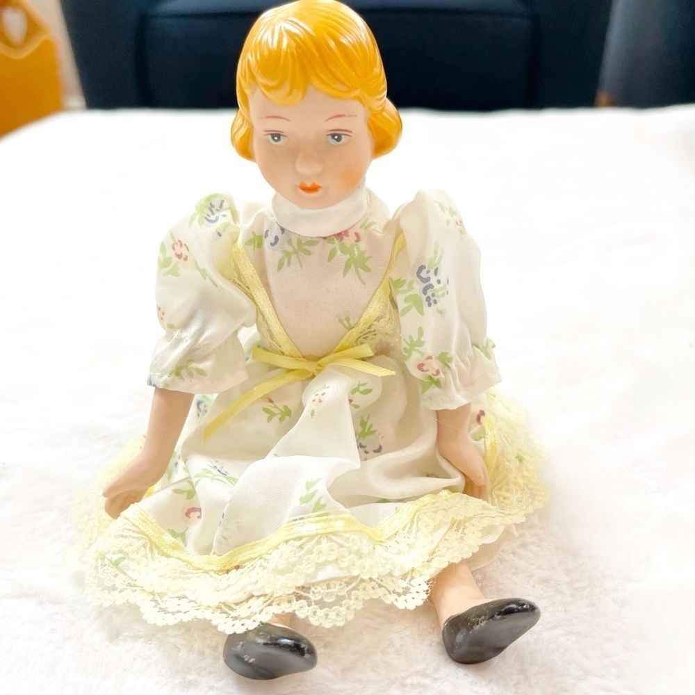 Four Star Trading Company Porcelain Doll 8" White Floral Dress Collectible